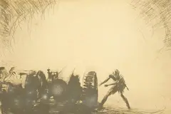 A 65 pounder opening fire by James McBey, 1918, etching, sold Mar 2025