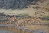 Gazelles watering by Brian Foster, 1988, oil on canvas, sold Mar 2025