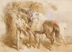 Saddling up by John Frederick Taylor, watercolour, offered Mar 2025