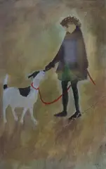 Study of a woman and dog, initialled and dated '09, 24 x 15cm by Tessa Newcomb, oil and mixed, sold Feb 2025