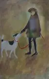 Study of a woman and dog by Tessa Newcomb, oil and mixed, sold Feb 2025