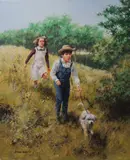 Children and a dog in a meadow by John Seerey-Lester, oil on canvas, sold Feb 2025