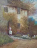 Girl before a cottage by Louis Sinclair, oil on canvas, sold Feb 2025