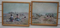 Beach scenes with figures by St John Child, oil, sold Feb 2025