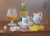 Still life of vessels and fruit by Erik W. Gleave, oil on board, sold Feb 2025