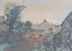 Farmstead with cattle by Ruskin Spear, ink and watercolour, sold Feb 2025