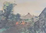 Farmstead with cattle by Ruskin Spear, ink and watercolour, sold Feb 2025