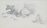 Recumbent cow and figure fishing by George Cuitt, pencil, sold Feb 2025