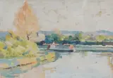 Riverscape by Bernard Adams, oil on card, offered Feb 2025