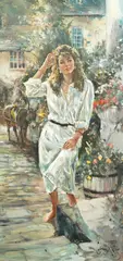Woman standing on a terrace by Gordon King, oil on canvas, sold Feb 2025
