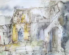 Papworth Church, Cambridgeshire by Tom Gamble, ink and watercolour, sold Feb 2025