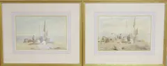 Brighton coastal views with beached fishing boats by Frederick Nash, watercolor, offered Feb 2025