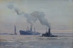 Tug and steamer by Arthur Bond, 1948, watercolour, sold Feb 2025