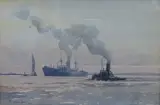 Tug and steamer by Arthur Bond, 1948, watercolour, sold Feb 2025