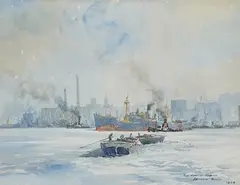 High Water at Wapping by Arthur Bond, 1948, watercolour, sold Feb 2025