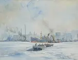 High Water at Wapping by Arthur Bond, 1948, watercolour, sold Feb 2025