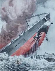 Sinking warship and soldiers by Raymond Sheppard, ink and watercolour, sold Feb 2025