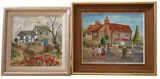 Artist before a cottage and Cottage garden scene by Angela Fielder, oil, offered Jan 2025