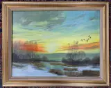 Ducks alighting over a winter landscape at dusk / dawn by Colin Shreeve, 1992, acrylic on canvas, sold Aug 2025