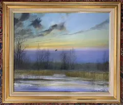 A lone Woodcock in flight over East Ruston Marshes at winter by Colin Shreeve, 1988, acrylic on canvas, sold Aug 2025