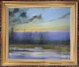 A lone Woodcock in flight over East Ruston Marshes at winter by Colin Shreeve, 1988, acrylic on canvas, sold Aug 2025