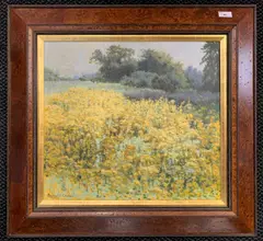Floral landscape by Bennett Oates, oil on board, sold Aug 2025