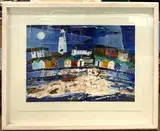 Coastal / Harbour scene with huts and a foregroung by Martin Laurance, mixed media, sold Aug 2025
