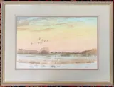 Ducks alighting over a winter landscape by Colin Shreeve, 1991, watercolour and acrylic, offered Aug 2025