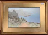Cliffs and mountain seascape with gannets by Brett Harris, gouache, offered Aug 2025