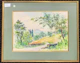 Landscape with a mountainous range in the distance by Betrand Piemore, watercolour, sold Aug 2025