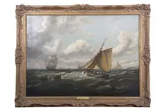 Fishing Boats and Man-o by John Moore of Ipswich, oil on canvas, sold Jul 2025