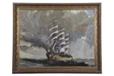 Tall mast ship in a squall by Geoffrey Chatten, oil on board, sold Jul 2025