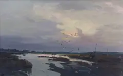 Sunset / sunrise view of birds alighting over marshland by Jack Cox, oil on board, sold Jul 2025
