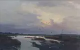 Sunset / sunrise view of birds alighting over marshland by Jack Cox, oil on board, sold Jul 2025