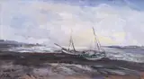 Beached boats on the shoreline by Jack Cox, oil on board, sold Jul 2025