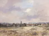 View over a rural landscape to a distant village and church by Owen Waters, oil on board, sold Jul 2025