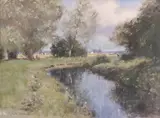 View from the riverbank by Owen Waters, oil on board, sold Jul 2025