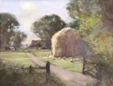 View through a country gateway to a farm yard and buildings by Owen Waters, oil on board, sold Jul 2025