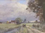 View across a country landscape and a winter scene over fields by Owen Waters, oil, sold Jul 2025