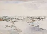 View over an estuary /marshland by Jack Cox, watercolour, sold Jul 2025