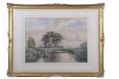Broads scene with two figures in a rowing boat by Charles Harmony Harrison, 1877, watercolour, sold Jul 2025