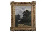 Rural setting with a horse and cart travelling a dirt by Campbell Archibald Mellon, oil on canvas, sold Jul 2025