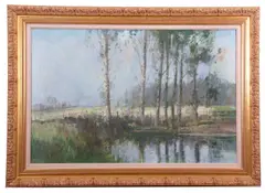 A rural landscape view over water by Stanley Orchart, oil on canvas, sold Jul 2025