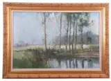 A rural landscape view over water by Stanley Orchart, oil on canvas, sold Jul 2025