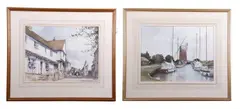 Moored boats with a central windmill and a street scene by Stanley Orchart, watercolor, sold Jul 2025