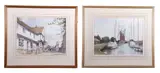 Moored boats with a central windmill and a street scene by Stanley Orchart, watercolor, sold Jul 2025