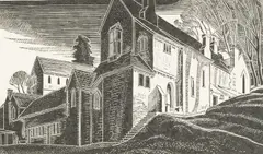 Wood engraving - abbey by Edgar Holloway, engraving, sold Dec 2025