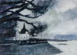 'Norwegian Church by Alastair Elkes-Jones, oil on card, sold Nov 2025