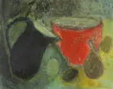Black Jug, Red Bowl by Vivienne Williams, mixed media, sold Nov 2025