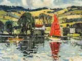 The Red Sail by Ed Forrest, oil on panel, sold Nov 2025